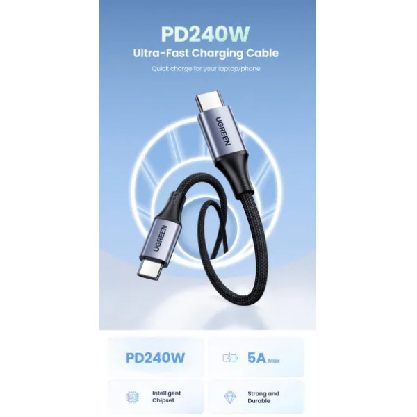 Фото - Кабель синхронізації даних UGREEN US535 USB-C to USB-C 240W PD Fast Charging 2m Space Gray (90440)