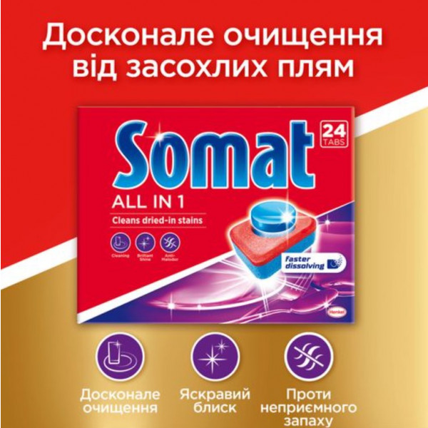 Фото - Таблетка для посудомийної машини Somat All in one 24+24 шт