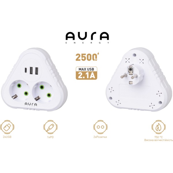 Фото - Разветвитель 220В Aura Energy 2+3 USB-A + USB-C (PD) White (AUEMFP23PDW)