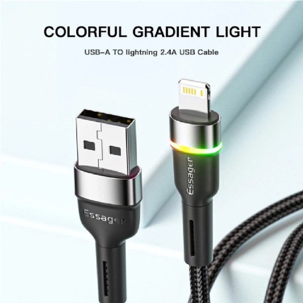 Фото - Кабель Essager Colorful LED USB Cable Fast Charging 2.4A USB-A to Lightning 0.5m Black (EXCL-XCDB01)