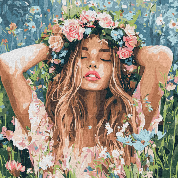 Фото - Картина за номерами Ideyka Дівчина з віночком в полі 40х40 см (KHO8581)