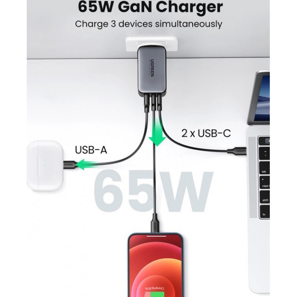 Фото - Мережевий зарядний пристрій UGREEN CD224 USB-A+2*USB-C 65W  GaN Tech Fast  Black (10335)