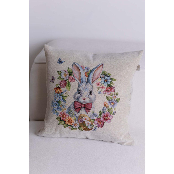 Фото - Подушка декоративная Прованс Пасхальная гобеленовая Соцветие зайчонок в веночке 45х45 см (044296)