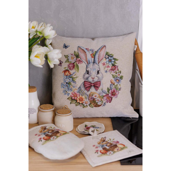Фото - Подушка декоративная Прованс Пасхальная гобеленовая Соцветие зайчонок в веночке 45х45 см (044296)