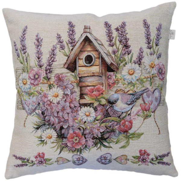 Фото - Подушка декоративная Прованс гобеленовая Лавандовый садик птичка на скворечнике 45х45 см (044310)