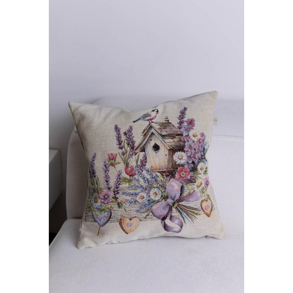 Фото - Подушка декоративная Прованс гобеленовая Лавандовый садик птичка на скворечнике 45х45 см (044310)