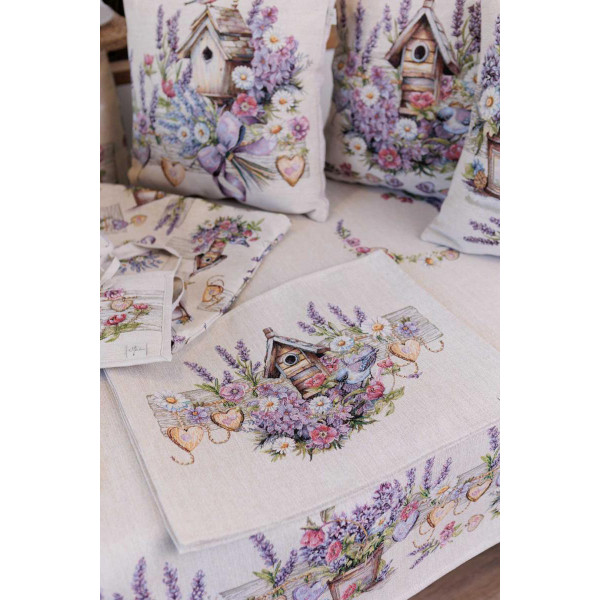 Фото - Подушка декоративная Прованс гобеленовая Лавандовый садик птичка на скворечнике 45х45 см (044310)