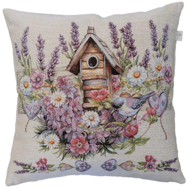 Фото - Подушка декоративная Прованс гобеленовая Лавандовый садик птичка возле скворечника 45х45 см (044312)