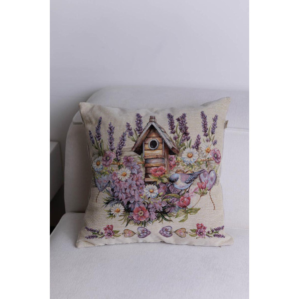 Фото - Наволочка Прованс гобеленовая Лавандовый садик птичка возле скворечника 45х45 см (044302)