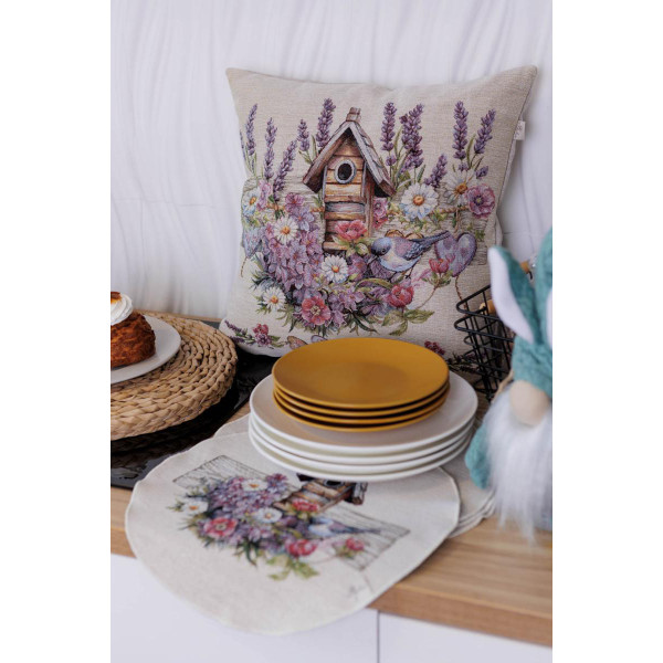 Фото - Подушка декоративная Прованс гобеленовая Лавандовый садик птичка возле скворечника 45х45 см (044312)