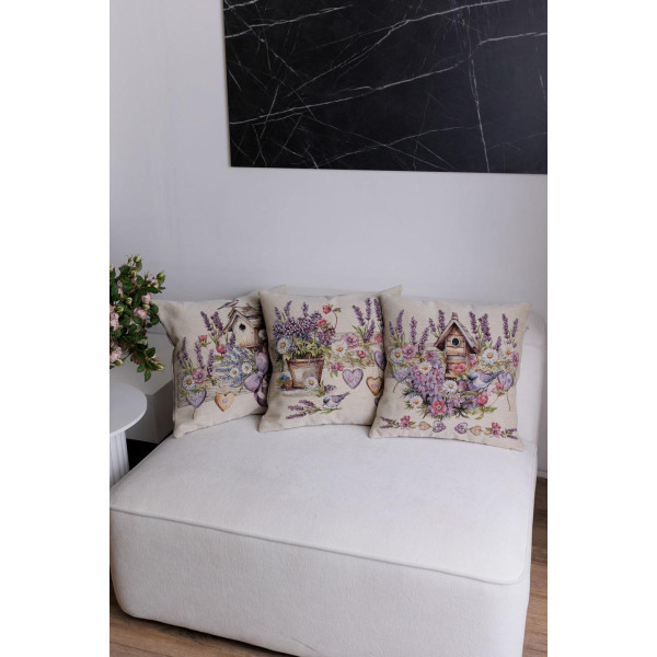 Фото - Подушка декоративная Прованс гобеленовая Лавандовый садик птичка возле скворечника 45х45 см (044312)