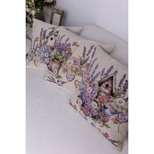 Фото - Подушка декоративная Прованс гобеленовая Лавандовый садик птичка возле скворечника 45х45 см (044312)