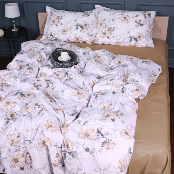 Фото - Простынь двуспальная MirSon Поплин 00-2 Beige Flowers 180х190 см (2200009700637)