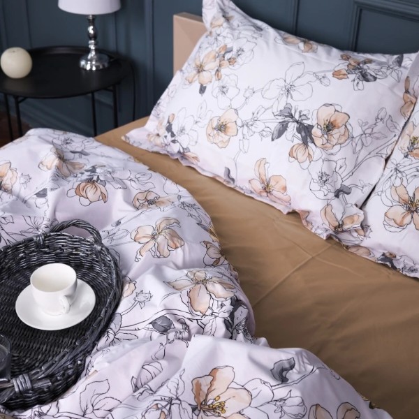 Фото - Простынь двуспальная MirSon Поплин 00-2 Beige Flowers 180х190 см (2200009700637)
