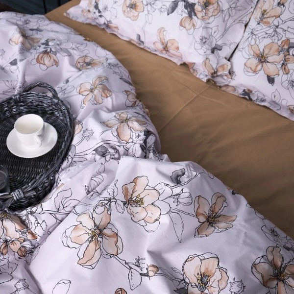 Фото - Простынь двуспальная MirSon Поплин 00-2 Beige Flowers 180х190 см (2200009700637)