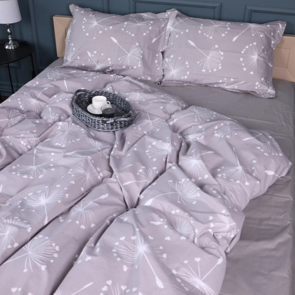 Фото - Простирадло двоспальне MirSon Поплін 00-3 Grey Dandelions 180х190 см (2200009701894)