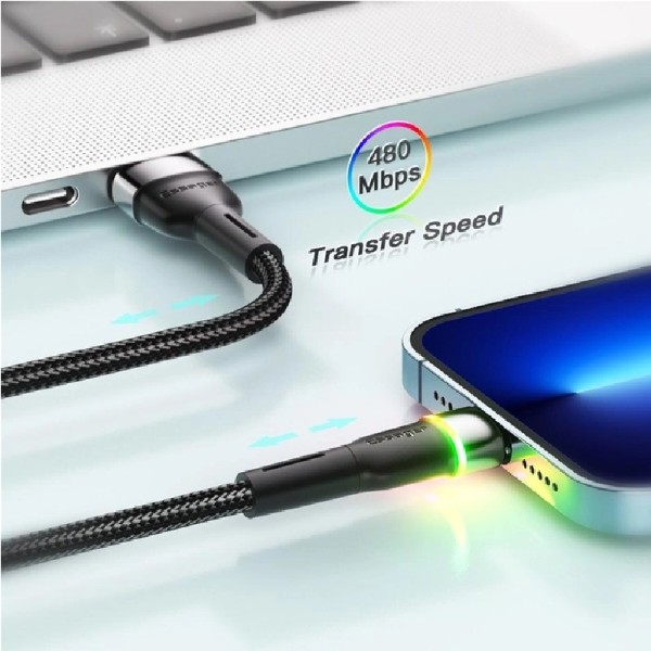 Фото - Кабель Essager Colorful LED USB Cable Fast Charging 2.4A USB-A to Lightning 0.5m Black (EXCL-XCDB01)