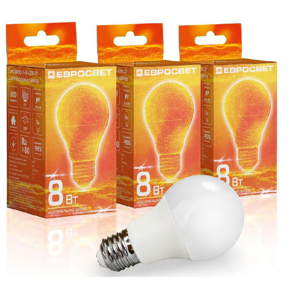 Фото - Лампочка світлодіодна Євросвітло 8Вт 4200К A-8-4200-27 Е27 3 шт. (000058956)