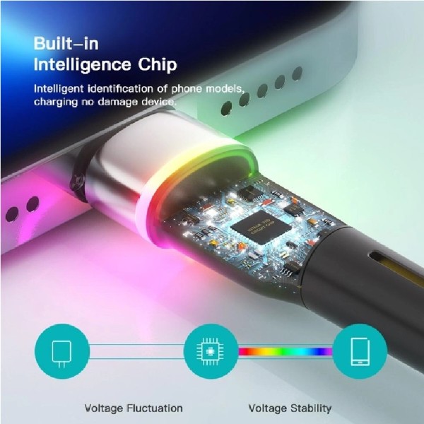 Фото - Кабель Essager Colorful LED USB Cable Fast Charging 2.4A USB-A to Lightning 0.5m Black (EXCL-XCDB01)