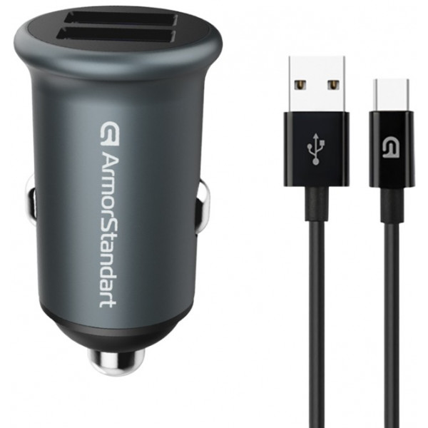 Фото - Автомобільний зарядний пристрій Armorstandart 2xUSB QC3.0 Grey + кабель USB-C (ARM82459)