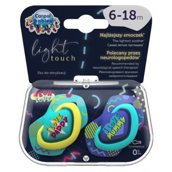 Фото - Симетрична пустушка Canpol babies 6-18 міс NEON LOVE 2 шт. - блакитна (22/653_blu)