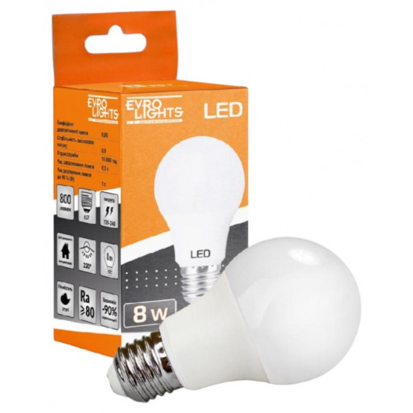 Фото - Лампочка светодиодная EVROLIGHT 8Вт 4200К A-8-4200-27 Е27 (000058114)