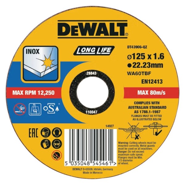 Фото - Круг відрізний по металу DeWALT INOX Long Life 125х1.6х22.23 мм (DT43906)