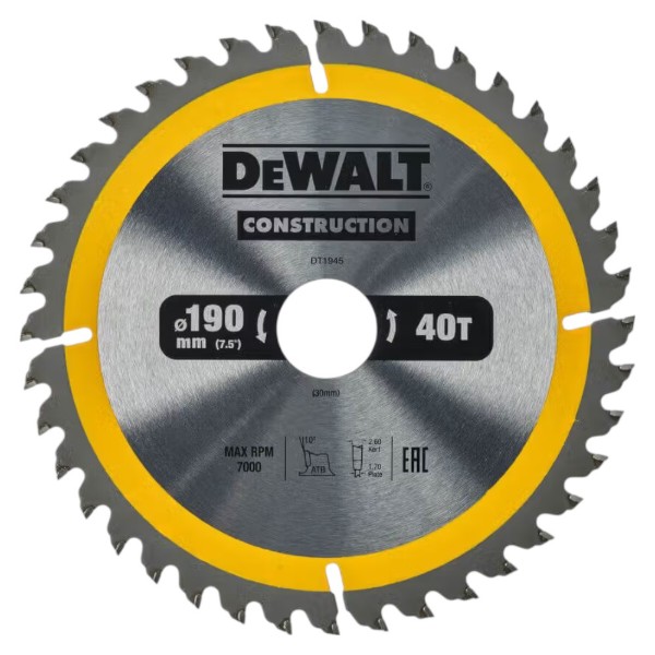Фото - Круг відрізний по дереву DeWALT СONSTRUCTION 190х30 мм (DT1945)