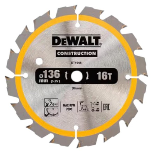 Фото - Круг відрізний по дереву DeWALT СONSTRUCTION 136х10 (DT1946)