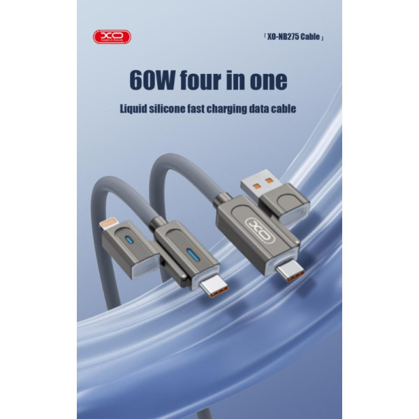 Фото - Кабель синхронізації даних XO Zinc Alloy Silicone Type-C/USB-A to TYPE-C/Lightning 4-in-1 60W 1m (NB275_4-in-1_Gray)