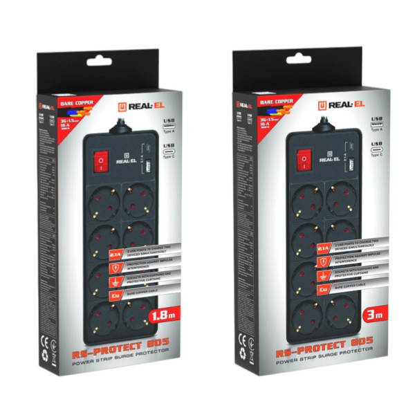 Фото - Мережевий фільтр REAL-EL RS-Protect 805 3 м Black (EL122300043)