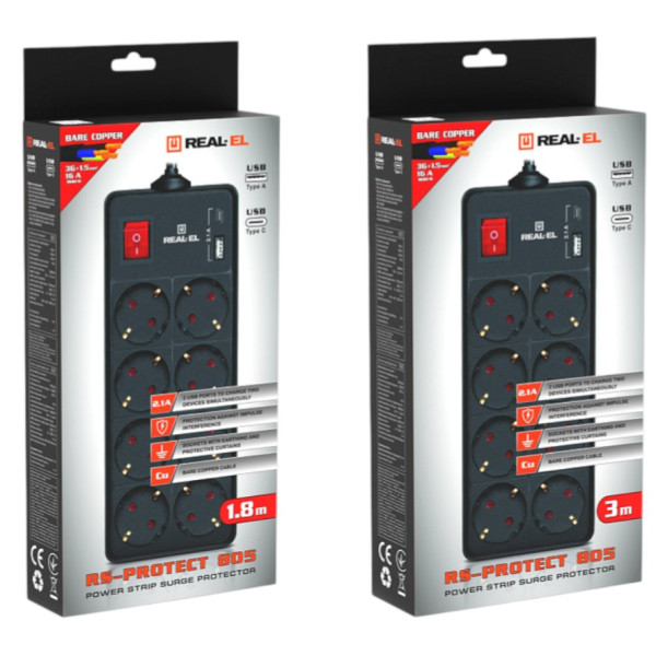 Фото - Мережевий фільтр REAL-EL RS-Protect 805 1.8 м Black (EL122300042)