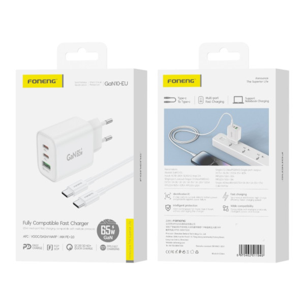 Фото - Мережевий зарядний пристрій Foneng GaN10 1хUSB 2хUSB-C 65W White + кабель USB Type-C (GaN10-EU-CH-TC-W)
