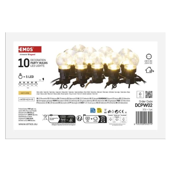 Фото - Гирлянда фигурная EMOS DCPW02 10 шт прозрачные шарики,5м,наружные и внутренние,теплый белый
