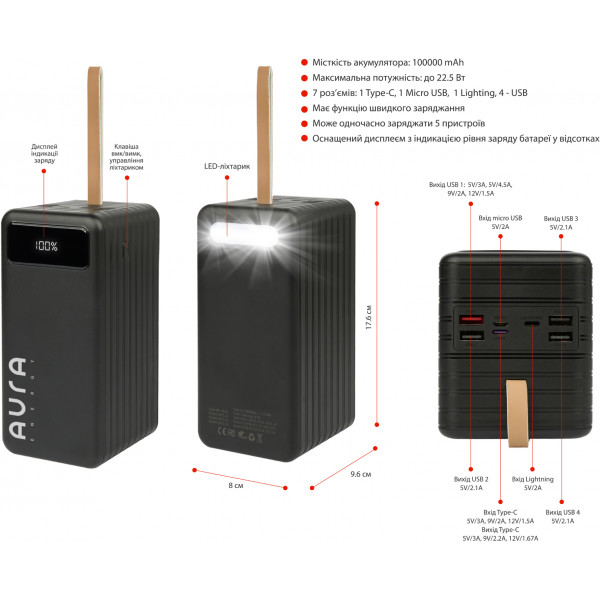 Фото - Батарея мобильная Aura NRG-P100 100000 mAh 22.5W Black (PBANRG-P100B)