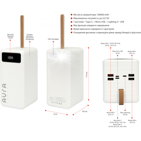 Фото - Батарея мобільна Aura NRG-P100 100000 mAh 22.5W White (PBANRG-P100W)