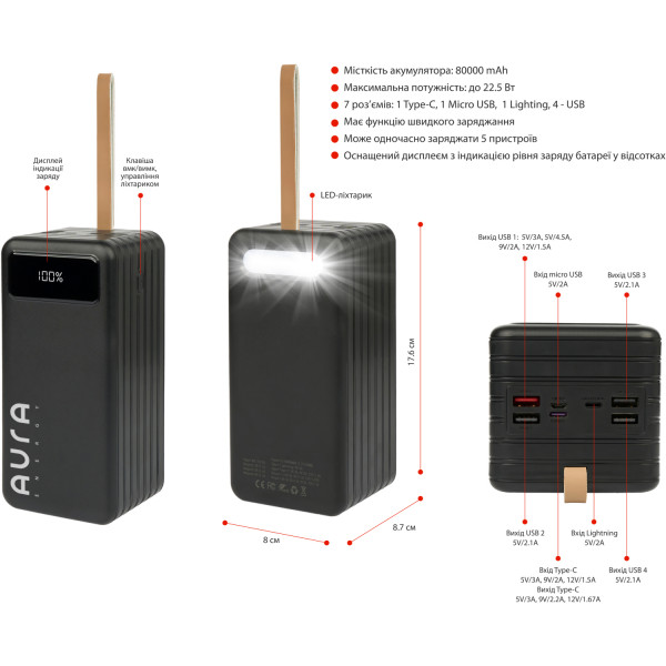 Фото - Батарея мобільна Aura NRG-P80 80000 mAh 22.5W Black (PBANRG-P80B)