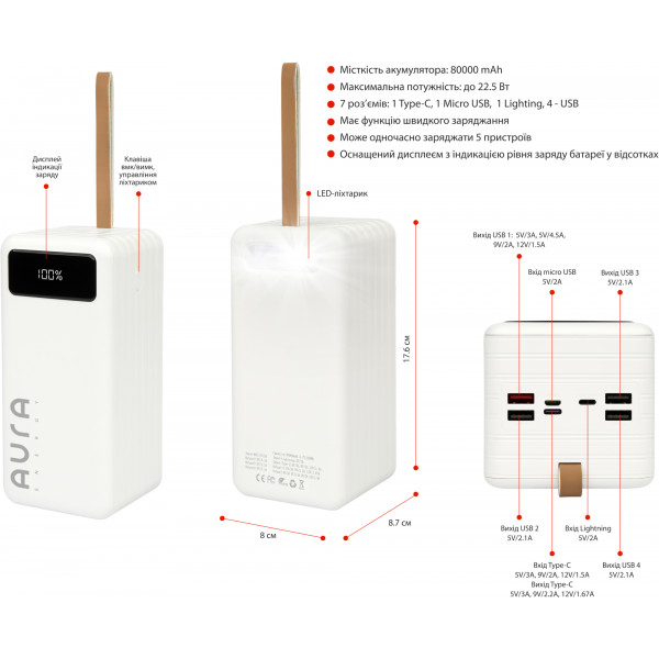 Фото - Батарея мобільна Aura NRG-P80 80000 mAh 22.5W White (PBANRG-P80W)