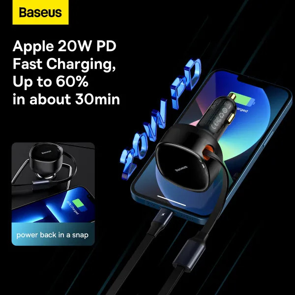 Фото - Автомобильное зарядное устройство Baseus Enjoyment Retractable 2-in-1 Car Charger (CGTX000001)