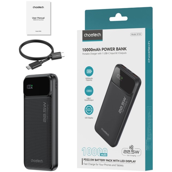 Фото - Батарея мобільна Choetech 10000mAh 22.5W PD,QC3.0 2USB-A+USB-C Black (B728-CCBK)