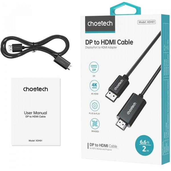 Фото - Кабель Choetech DisplayPort M - HDMI M 2.0 (XDH01-BK)