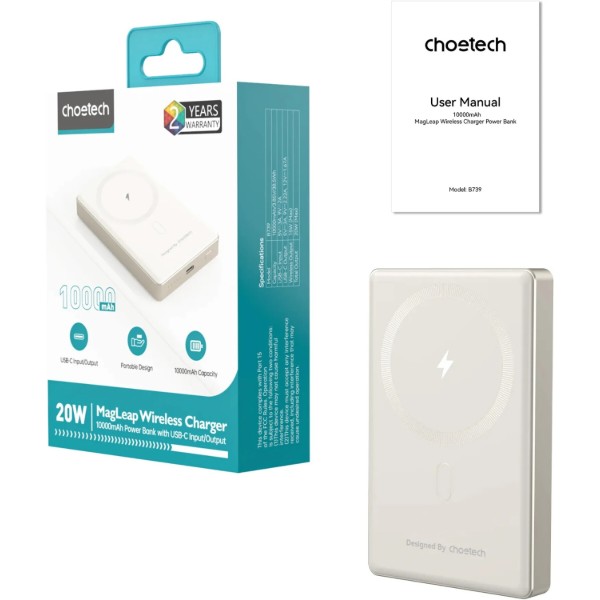 Фото - Батарея мобильная Choetech Magnetic Wireless 10000mAh 20W Beige (B739-CCCWH)