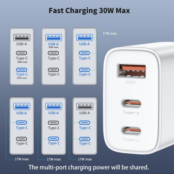 Фото - Сетевое зарядное устройство Choetech USB-A/USB-C 30Вт QC3.0/PD/PPS (PD3046-EU-WH)