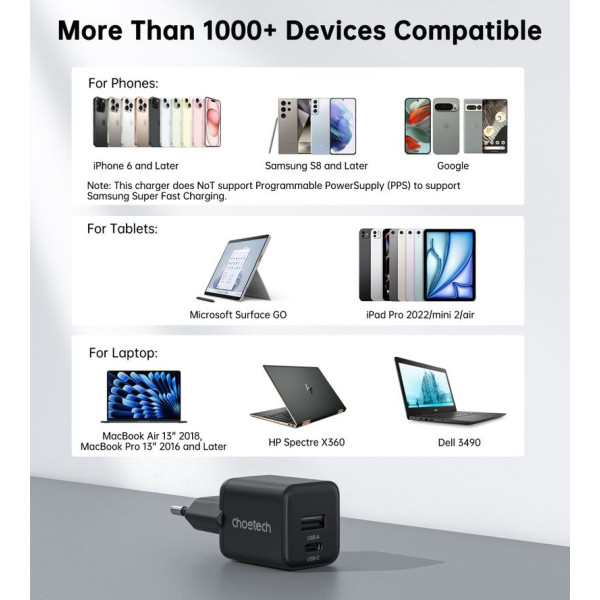 Фото - Сетевое зарядное устройство Choetech USB-A/USB-C 30Вт QC3.0/PD/PPS (PD5012-EU-BK)