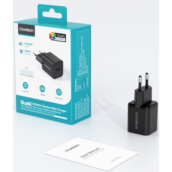 Фото - Сетевое зарядное устройство Choetech USB-A/USB-C 30Вт QC3.0/PD/PPS (PD5012-EU-BK)
