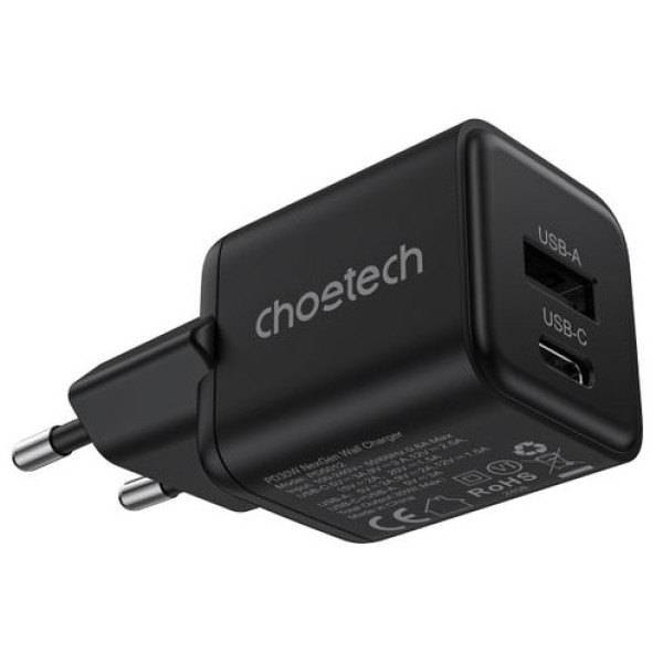 Фото - Сетевое зарядное устройство Choetech USB-A/USB-C 30Вт QC3.0/PD/PPS (PD5012-EU-BK)