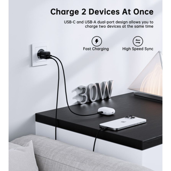 Фото - Сетевое зарядное устройство Choetech USB-A/USB-C 30Вт QC3.0/PD/PPS (PD5012-EU-BK)
