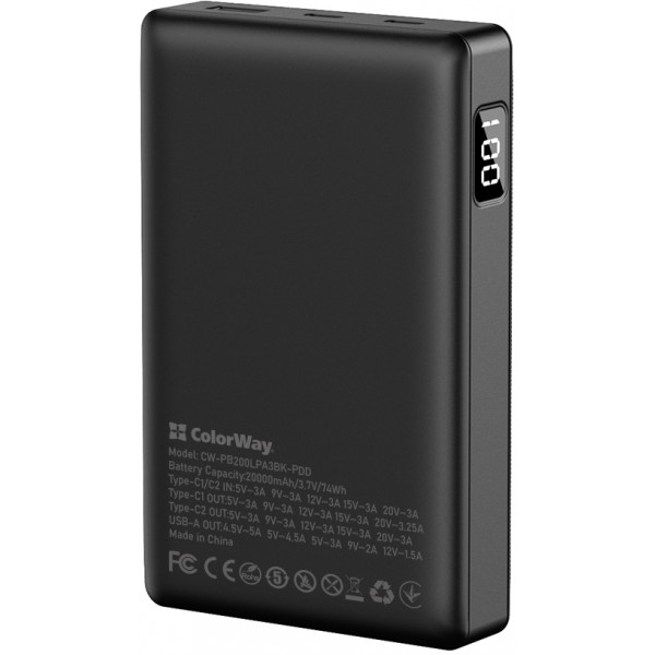 Фото - Батарея мобільна Colorway 20 000 mAh Powerful USB QC3.0 + USB-C Power Delivery 65W Black (CW-PB200LPA3BK-PDD)
