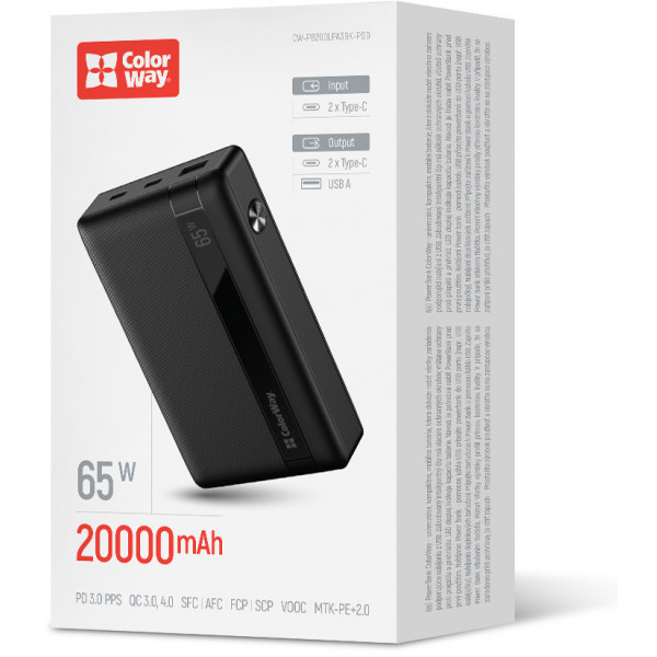 Фото - Батарея мобільна Colorway 20 000 mAh Powerful USB QC3.0 + USB-C Power Delivery 65W Black (CW-PB200LPA3BK-PDD)