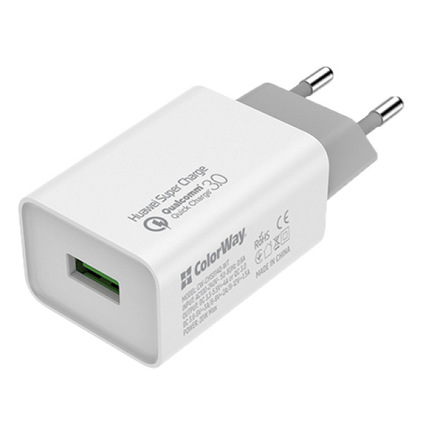 Фото - Мережевий зарядний пристрій Colorway QC3.0 1xUSB 4A White (CW-CHS014Q-WT)